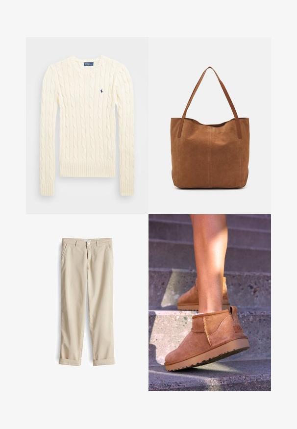 Pull en maille torsadée crème avec manches longues, poignets et ourlet côtelés, présentant un petit logo brodé sur la poitrine gauche.; Pantalons chinos en coton beige avec une coupe classique, dotés de poches avant et de revers retroussés. Texture lisse et subtils détails de coutures.; Bottines en suede beige avec une texture douce, des détails cousus et une semelle en caoutchouc, dotées d'un talon en boucle pour un enfilage facile.; Sac fourre-tout en suede marron avec deux longues poignées, présentant une texture lisse, un design simple, et sans matériel ni accents visibles.