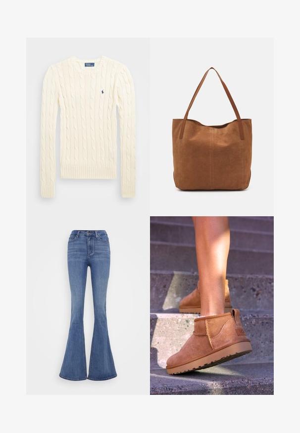 Cream cable-knit sweater with long sleeves, ribbed cuffs and hem, featuring a small embroidered logo on the left chest.; Light blue flared jeans with a high waist, made of denim. Features a front button closure and a smooth texture.; Tan suede ankle boots with a soft texture, stitched detailing, and a rubber sole, featuring a looped heel for easy wear.; Brown suede tote bag with two long handles, featuring a smooth texture, simple design, and no visible hardware or accents.