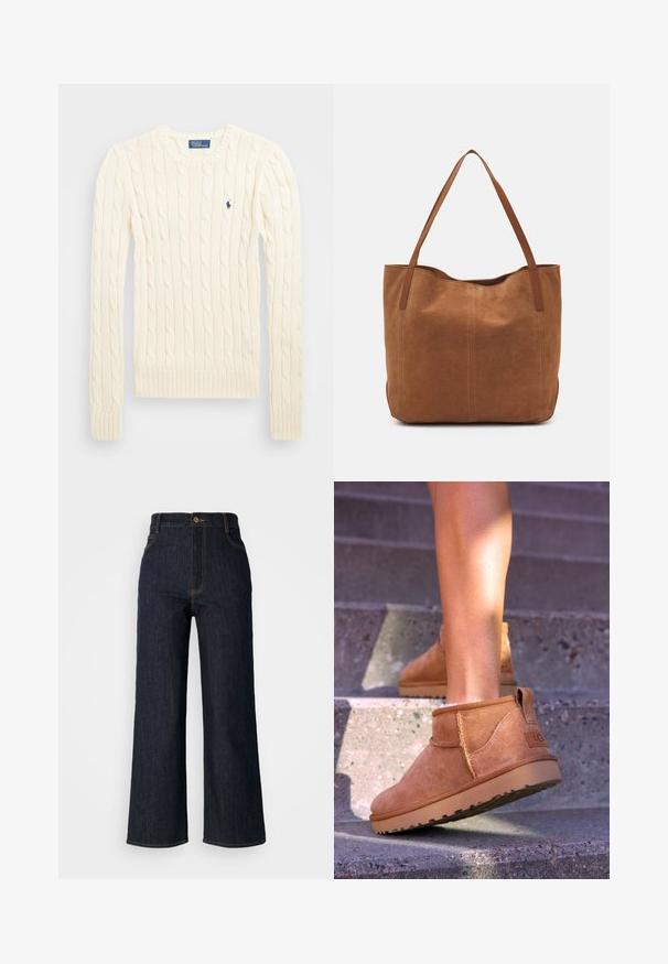Suéter crema de punto trenzado con manga larga, puños y dobladillo acanalados, que presenta un pequeño logo bordado en el lado izquierdo del pecho.; Jeans de mezclilla anchos de color azul oscuro con una talle alto, que presentan costuras doradas, un cierre frontal de botón y dos bolsillos laterales.; Botas de tobillo de ante color beige con una textura suave, detalles de costura y una suela de goma, que cuentan con un tacón en bucle para facilitar su uso.; Bolso tote de ante marrón con dos asas largas, que presenta una textura suave, un diseño simple y sin herrajes ni acentos visibles.