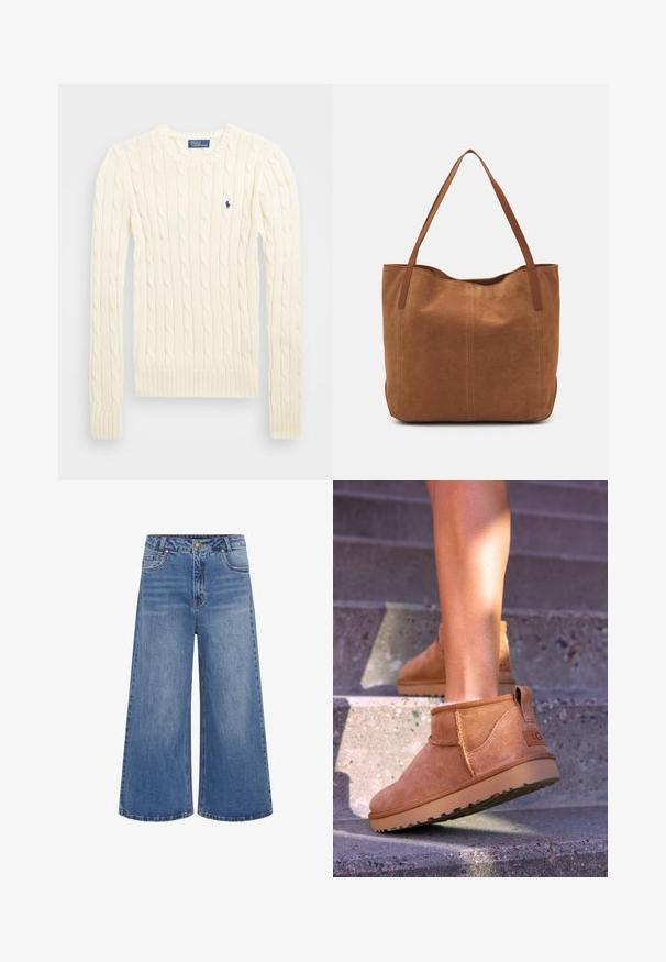 Krém színű, kabelmintás pulóver hosszú ujjal, bordás mandzsettával és aljjal, bal mellen egy kis hímzett logóval.; Bő szárú kék denim farmerek magas derékkal, gombos záródással, öt zsebbel és diszkrét kopással. Steppelt szegély klasszikus dizájnnal.; Barna nubuk bokacsizmák, puha textúrával, varrott részletekkel és gumitalpakkal, hurok alakú sarokkal a könnyű felvétel érdekében.; Barna velúr táska két hosszú fogantyúval, sima textúrával, egyszerű dizájnnal, és látható fém részek vagy díszítés nélkül.