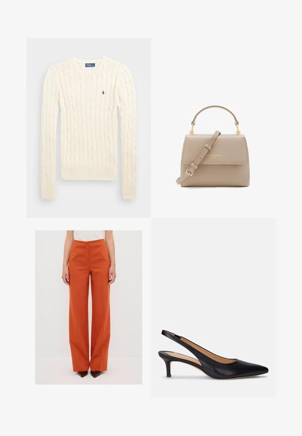Cremefarbener kabelgehäkelter Pullover mit langen Ärmeln, gerippten Bündchen und Saum, mit einem kleinen gestickten Logo auf der linken Brust.; Weite Hose in einem lebendigen Orangeton, mit glatter Textur, hohem Bund und vorne Falten, kombiniert mit spitzen Absätzen.; Schwarzer Leder Slingback-Pump mit spitzer Zehenform, niedrigem Kitten-Absatz und glatter Oberfläche. Verfügt über ein offenes Rückendesign und minimale Nahtdetails.; Isabel Bernard Femme Forte Heline - Handtasche - taupe
