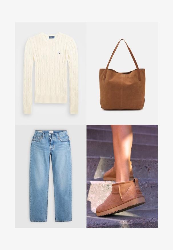 Krémový svetr s pleteným vzorem, dlouhými rukávy, žebrovanými manžetami a lemem, se malým vyšívaným logem na levé hrudi.; Světle modré džíny s rovný střih, pěti kapsami a knoflíkovým zapínáním. Obsahují prošívané detaily a čistý lem.; Světlé semišové kotníkové boty s měkkou strukturou, prošívanými detaily a gumovou podrážkou, s okrouhlým podpatkem pro snadné obouvání.; Hnědá semišová taška s dvěma dlouhými uchy, se hladkým povrchem, jednoduchým designem a bez viditelného kování nebo dekorací.