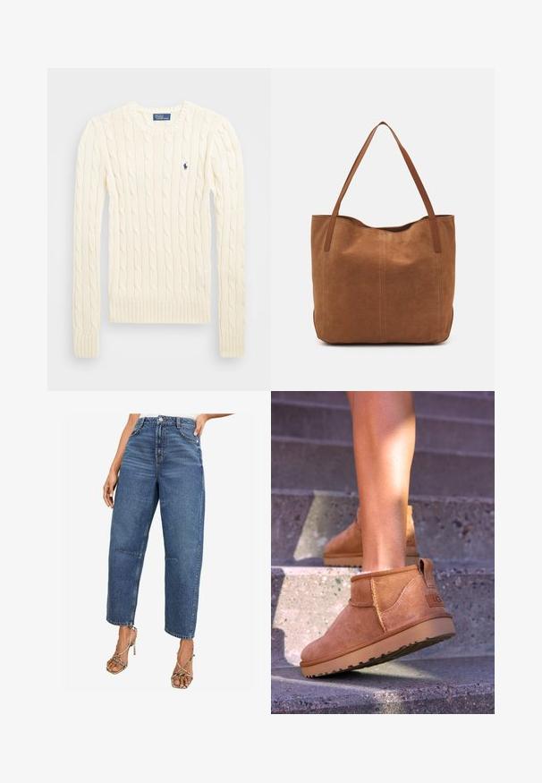 Kreemivärvi nöörkootud sviiter pikemate varrukatega, soonikvarrukate ja alläärega, millel on vasakul rinnal väike broderi logo.; Kõrge talje ja sirged sääred denim teksad keskmise sinise värvusega. Omavad klassikalist viit taskut ja erilisi õmblustäiustusi.; Kergedest nahast pahklu ботинки pehme tekstuuriga, õmmeldud detailide ja kummist tallaga, millel on sanga kand kergesti selga panemiseks.; Pruun nubukist kott kahe pika sangaga, millel on sile tekstuur, lihtne disain ja nähtavad riistvara või aksessuaarid puuduvad.