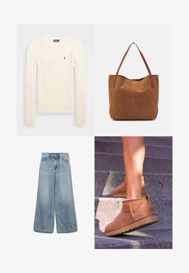 Pull en maille torsadée crème avec manches longues, poignets et ourlet côtelés, présentant un petit logo brodé sur la poitrine gauche.; Jean large bleu clair en denim avec une taille élastique et un cordon de serrage, comportant des poches avant et une texture délavée.; Bottines en suede beige avec une texture douce, des détails cousus et une semelle en caoutchouc, dotées d'un talon en boucle pour un enfilage facile.; Sac fourre-tout en suede marron avec deux longues poignées, présentant une texture lisse, un design simple, et sans matériel ni accents visibles.