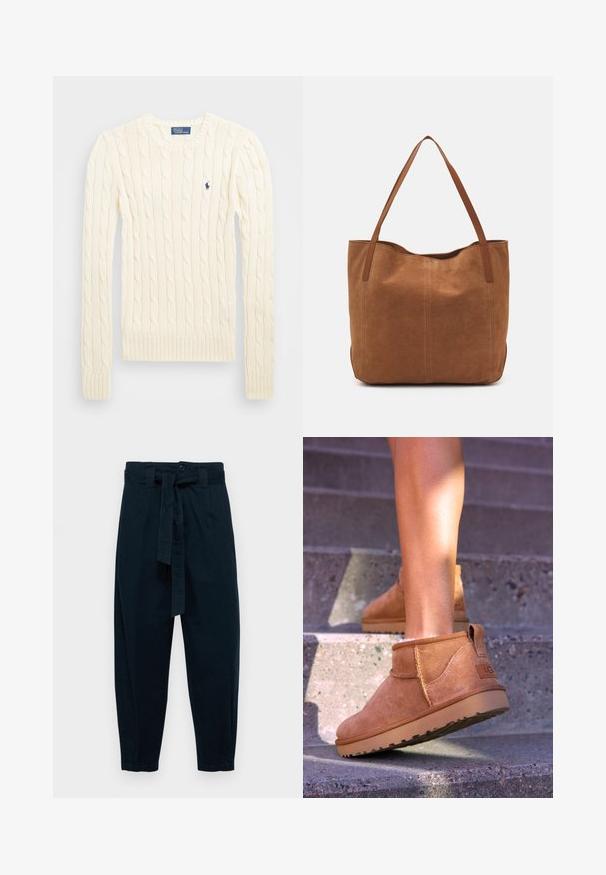 Cream cable-knit sweater with long sleeves, ribbed cuffs and hem, featuring a small embroidered logo on the left chest.; Dark navy high-waisted trousers with a front button closure and a belted waist, featuring tapered legs and side pockets.; Tan suede ankle boots with a soft texture, stitched detailing, and a rubber sole, featuring a looped heel for easy wear.; Brown suede tote bag with two long handles, featuring a smooth texture, simple design, and no visible hardware or accents.
