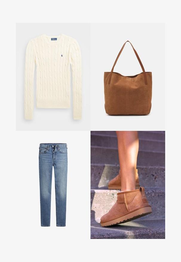 Krems krāsas adīts džempers ar garām piedurknēm, ribotām aprocēm un apakšmalu, ar nelielu izšūtu logotipu kreisajā krūtī.; Gaišzili džinsi ar slim fit piegriezumu, piecu kabatu dizainu, pogu aizdari un izbalējušiem akcentiem uz kājām. Klasiska šuvuma akcenti.; Dzeltenbrūnas zamšādas potīšu zābaciņi ar mīkstu tekstūru, izšūtu apdari un gumijas zoli, kas aprīkoti ar cilpu uz papēža ērtai uzvilkšanai.; Brūns zamša tote somas ar divām garām rokturiem, ar gludu tekstūru, vienkāršu dizainu un bez redzamām aparatūrām vai akcentiem.