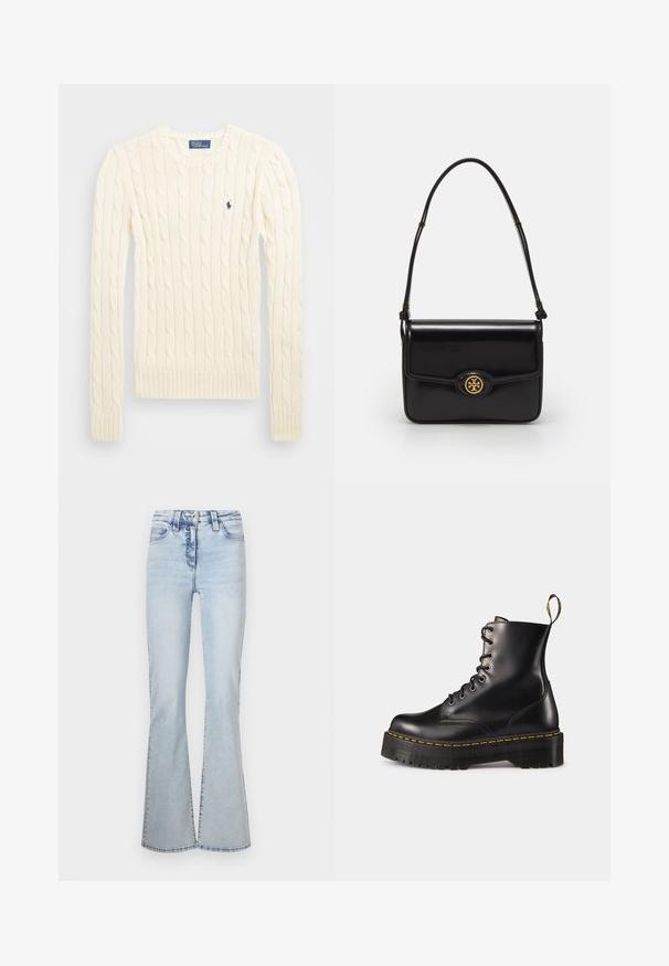 Cream cable-knit sweater with long sleeves, ribbed cuffs and hem, featuring a small embroidered logo on the left chest.; Light blue flared jeans made of denim, featuring a high waist, five-pocket design, and subtle fading along the front and back seams.; Black leather lace-up ankle boots with a chunky black sole and yellow stitching. Features a pull tab at the back and circular metal eyelets.; Black leather handbag with a rectangular shape, gold hardware, a front flap, and a circular logo accent. Features a single adjustable strap.