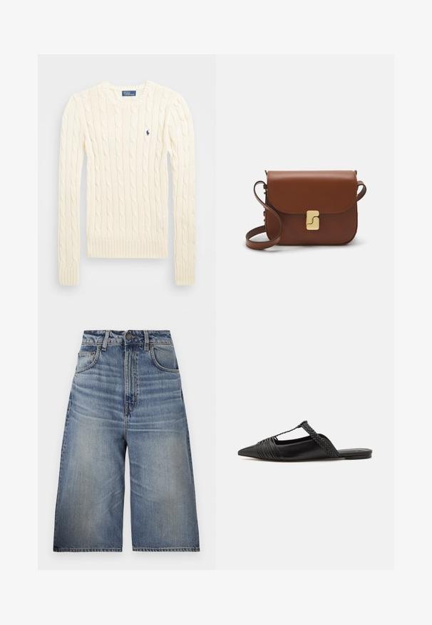 Kreemi kaabliga kudumiga sviiter pikkade varrukatega, ribakardinate ja hemiga, millel on vasakul rinnal väike tikkitud logo.; Siniset farkku culottesit korkean vyötärön, rento istuvuus, vaaleansininen pesu, etutaskut, näkyvät tikkaus ja nappikiinnitys vyötäröllä.; Musta nahkasandaali, jossa on terävä kärki, somistettuna kudotulla yksityiskohdalla ja pleatatuilla yläosilla. Litteä pohja, jossa on vähäisiä tarvikkeita.; Ruskea nahkainen käsilaukku, jossa on läppäkiinnitys, kultasävyiset yksityiskohdat, olkahihna ja sileä pinta. Kompaktin suorakaiteen muotoinen.