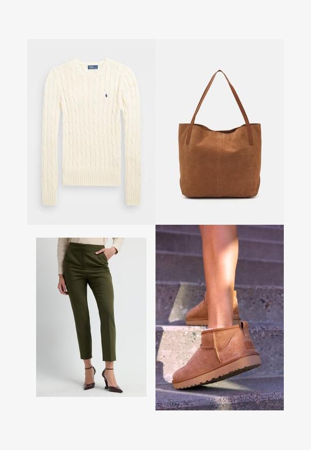 Cremefarvet kabelstrikket sweater med lange ærmer, ribbede manchetter og kant, med et lille broderet logo på venstre bryst.; Olivenfarvede skræddersyede bukser med høj talje, tilspidsede ben og forreste sømme. Kombineret med bordeauxfarvede spidse hæle og en lys bluse.; Tan ruskind ankelstøvler med en blød tekstur, stikninger og en gummisål, der har en løkkehælkappe for nem på- og aftagning.; Brun ruskinds tote bag med to lange håndtag, der har en glat tekstur, enkelt design og ingen synlige metaldele eller accenter.