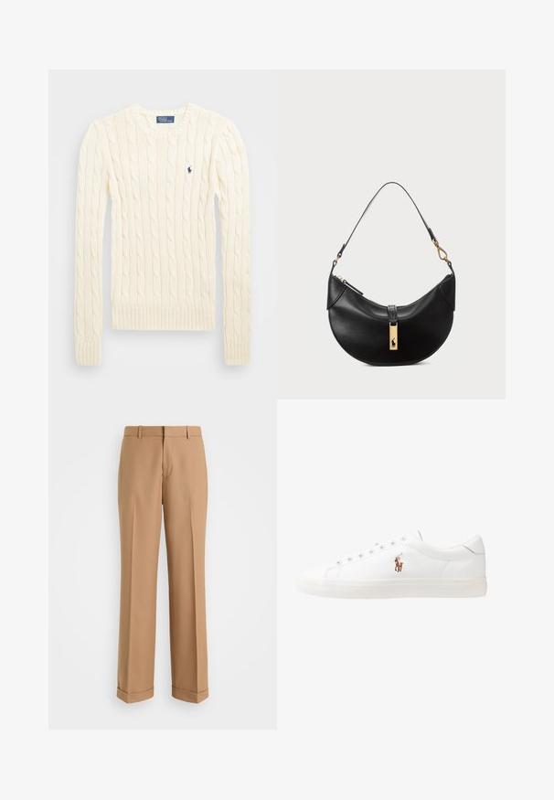Κρεμ πουλόβερ με πλέξη καλωδίου, μακριά μανίκια, ριμπ μανσέτες και στρίφωμα, που διαθέτει ένα μικρό κεντημένο λογότυπο στην αριστερή πλευρά του στήθους.; Μπέζ κομμένα παντελόνια με ίσια γραμμή, φτιαγμένα από μαλακό ύφασμα, με πιέτα μπροστά και αναδιπλωμένα μπατζάκια στο τελείωμα.; Λευκά δερμάτινα sneakers, χαμηλού σχεδιασμού, με απαλή υφή, στρογγυλή μύτη, δέσιμο μπροστά και μικρό κεντημένο λογότυπο στο πλάι.; Μαύρη δερμάτινη τσάντα χειρός σε σχήμα μισού φεγγαριού. Διαθέτει χρυσή μεταλλική λεπτομέρεια και στενό λουρί. Απαλή υφή, κλείσιμο με φερμουάρ στην κορυφή.