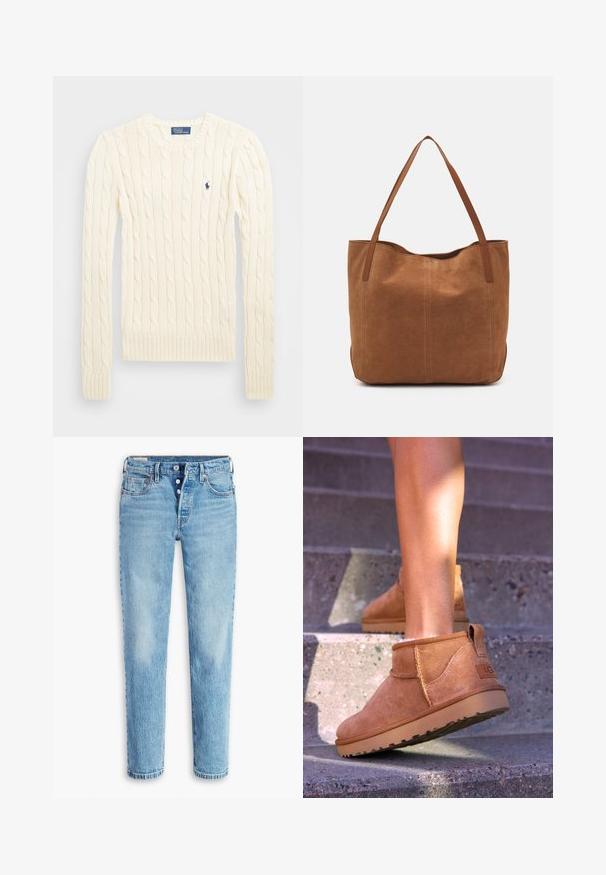 Kreemivärvi nöörkootud sviiter pikemate varrukatega, soonikvarrukate ja alläärega, millel on vasakul rinnal väike broderi logo.; Heleheles sinine teksapüksid otse lõikega, viie-tasku stiiliga ja nööbiga sulgemine. Omab pleekinud alasid ja hõõrdumisi tekstuuri jaoks.; Kergedest nahast pahklu ботинки pehme tekstuuriga, õmmeldud detailide ja kummist tallaga, millel on sanga kand kergesti selga panemiseks.; Pruun nubukist kott kahe pika sangaga, millel on sile tekstuur, lihtne disain ja nähtavad riistvara või aksessuaarid puuduvad.