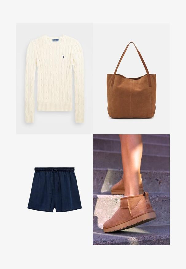 Kremowy sweter w splot kabelkowy z długimi rękawami, ściągaczami przy mankietach i u dołu, z małym haftowanym logo na lewej piersi.; Granatowe szorty wykonane z lekkiego materiału, z elastycznym pasa ze sznurkowym zapięciem i luźnym krojem. Rękaw jest lekko postrzępiony.; Brązowe zamszowe botki za kostkę o miękkiej teksturze, z przeszyciami i gumową podeszwą, wyposażone w pętelkę na pięcie dla łatwego zakładania.; Brązowa zamszowa torba tote z dwoma długimi uchwytami, charakteryzująca się gładką teksturą, prostym wzornictwem oraz brakiem widocznych elementów metalowych czy akcentów.