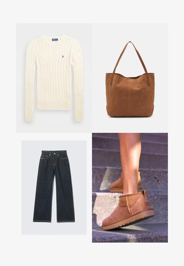 Kreemivärvi nöörkootud sviiter pikemate varrukatega, soonikvarrukate ja alläärega, millel on vasakul rinnal väike broderi logo.; Tumedad sinised laiad teksad, mis on valmistatud denimist, millel on nupp ja tõmblukk, viis taskut ning kontrastsed õmblusdetailid.; Kergedest nahast pahklu ботинки pehme tekstuuriga, õmmeldud detailide ja kummist tallaga, millel on sanga kand kergesti selga panemiseks.; Pruun nubukist kott kahe pika sangaga, millel on sile tekstuur, lihtne disain ja nähtavad riistvara või aksessuaarid puuduvad.