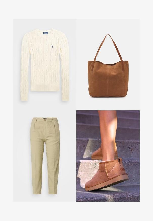 Cream cable-knit sweater with long sleeves, ribbed cuffs and hem, featuring a small embroidered logo on the left chest.; Beige cotton trousers with a relaxed fit, featuring front pleats, a button closure, and side pockets, designed with tapered legs.; Tan suede ankle boots with a soft texture, stitched detailing, and a rubber sole, featuring a looped heel for easy wear.; Brown suede tote bag with two long handles, featuring a smooth texture, simple design, and no visible hardware or accents.