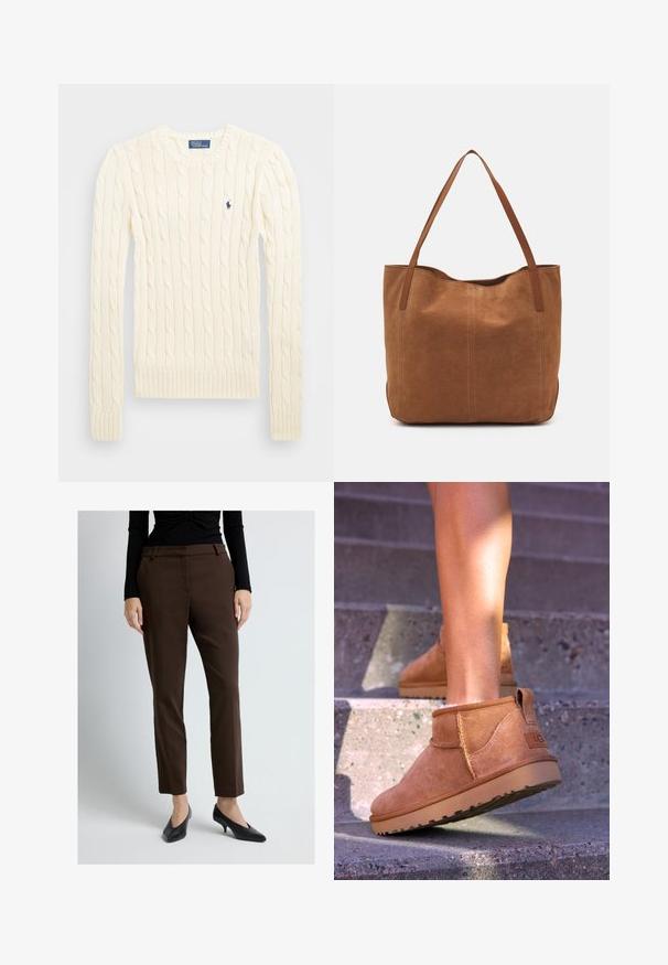 Crème kabelbreiselsweater met lange mouwen, geribbelde manchetten en zoom, met een klein geborduurd logo op de linkerkant van de borst.; Vrouw in donkerbruine rechte broek, zwarte langemouwen top en zwarte lage hakken staand op een witte achtergrond.; Tamme suède enkelboots met een zachte textuur, gestikte details en een rubberen zool, met een lusvormige hak voor gemakkelijk aan- en uittrekken.; Bruine suède shoppers met twee lange handvatten, met een gladde textuur, eenvoudig ontwerp en zonder zichtbare hardware of accenten.