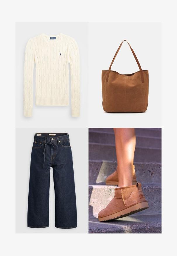 Krémový svetr s pleteným vzorem, dlouhými rukávy, žebrovanými manžetami a lemem, se malým vyšívaným logem na levé hrudi.; Tmavě modré džíny s širokým střihem a stahovacími pásky v pase, předními kapsami a kontrastním oranžovým stehováním.; Světlé semišové kotníkové boty s měkkou strukturou, prošívanými detaily a gumovou podrážkou, s okrouhlým podpatkem pro snadné obouvání.; Hnědá semišová taška s dvěma dlouhými uchy, se hladkým povrchem, jednoduchým designem a bez viditelného kování nebo dekorací.