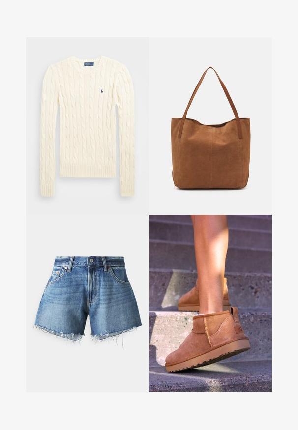 Kreemivärvi nöörkootud sviiter pikemate varrukatega, soonikvarrukate ja alläärega, millel on vasakul rinnal väike broderi logo.; GAP LOW RISE STRIDE - Lühikesed teksad - medium destroy; Kergedest nahast pahklu ботинки pehme tekstuuriga, õmmeldud detailide ja kummist tallaga, millel on sanga kand kergesti selga panemiseks.; Pruun nubukist kott kahe pika sangaga, millel on sile tekstuur, lihtne disain ja nähtavad riistvara või aksessuaarid puuduvad.