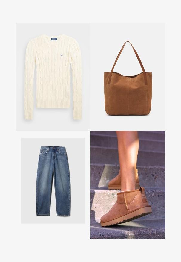 Krems krāsas adīts džempers ar garām piedurknēm, ribotām aprocēm un apakšmalu, ar nelielu izšūtu logotipu kreisajā krūtī.; Zilās džinsās ar brīvu piegulšanu, piecas kabatas, vara kniedes un izbalējusi krāsa. Taisnas kājas ar gludu apdari.; Dzeltenbrūnas zamšādas potīšu zābaciņi ar mīkstu tekstūru, izšūtu apdari un gumijas zoli, kas aprīkoti ar cilpu uz papēža ērtai uzvilkšanai.; Brūns zamša tote somas ar divām garām rokturiem, ar gludu tekstūru, vienkāršu dizainu un bez redzamām aparatūrām vai akcentiem.