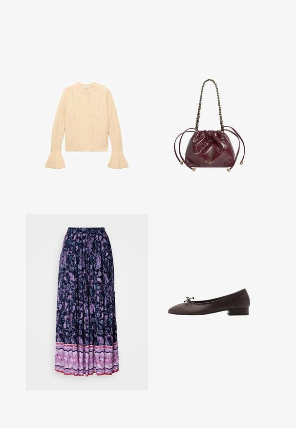 Cream-colored knit sweater with cable pattern, crew neck, and flared sleeves, laid flat on a white background.; Striped button-up shirt in blue, paired with black flared jeans and a black handbag. Smooth fabric and wide sleeves, casual fit.; Maxi skirt in navy with elaborate purple paisley pattern; elastic waistband and layered hem with contrasting floral fabric at the bottom.; Brown leather ballet flat with a rounded toe and small block heel. Features a thin bow at the front and subtle stitching details.; Burgundy leather drawstring bag with chain handle, gathered top, metallic accents, and logo detail at the base. Smooth, glossy texture.