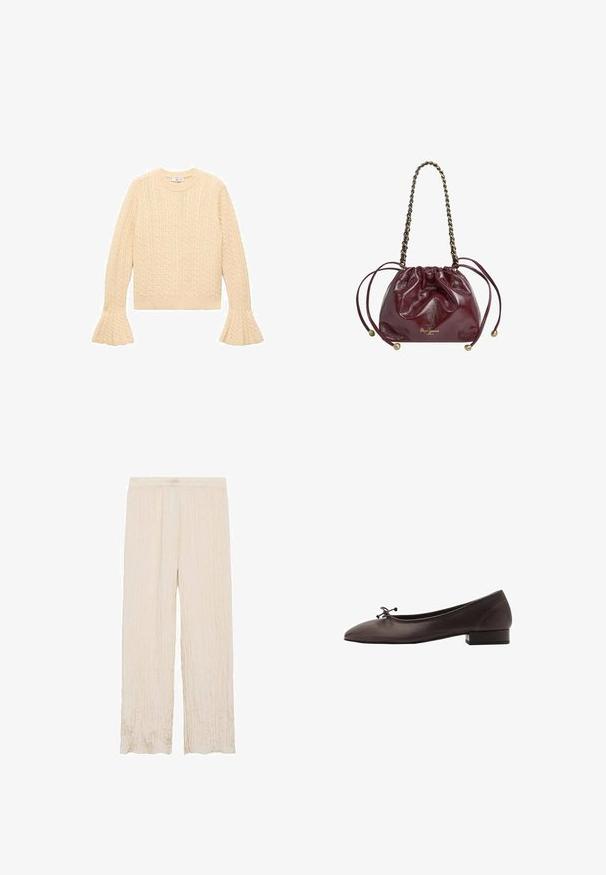Cream-colored knit sweater with cable pattern, crew neck, and flared sleeves, laid flat on a white background.; Striped button-up shirt in blue, paired with black flared jeans and a black handbag. Smooth fabric and wide sleeves, casual fit.; Light beige pleated pants with an elastic waistband, featuring a wide-leg design and a soft, textured fabric finish.; Brown leather ballet flat with a rounded toe and small block heel. Features a thin bow at the front and subtle stitching details.; Burgundy leather drawstring bag with chain handle, gathered top, metallic accents, and logo detail at the base. Smooth, glossy texture.