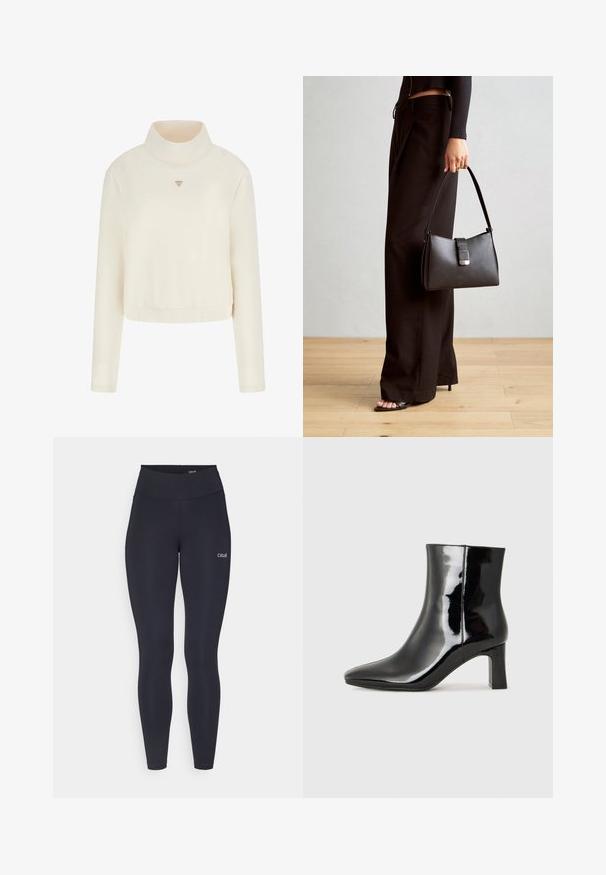 Guess HOHER KRAGEN - Melegítőfelső - crema; Fekete leggings magas derékkal, rugalmas anyagból készült, kis fehér logóval a combon és sima textúrával.; Fekete lakk bőrcipő bokáig érő, hegyes orral és közepes magasságú tömbsarokkal. Simább textúrával és minimalista dizájnnal rendelkezik.; Fekete kézi táska strukturált formával, sima textúrával és fémből készült záródással. Széles fekete nadrággal és nyitott orrú szandállal párosítva, fából készült padlón.
