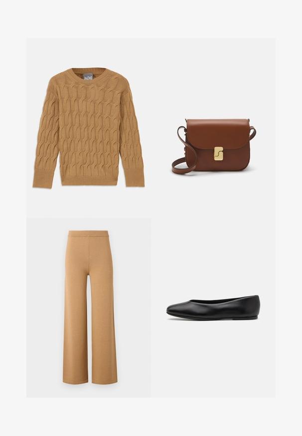 Brown knitted sweater featuring a cable pattern, round neckline, and long sleeves. Ribbed cuffs and hem, made from a soft, textured fabric.; Wide-leg, beige pants made from a soft, stretchy fabric, featuring a high elastic waistband and clean, simple seams.; Paul Smith TOPANGA - Ballet pumps - black; Brown leather handbag with a flap closure, gold-tone hardware, a shoulder strap, and a smooth texture. Compact rectangular shape.