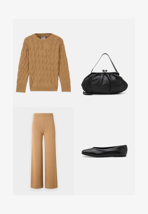 Bruine gebreide trui met een kabelpatroon, ronde halslijn en lange mouwen. Ribgebreide manchetten en zoom, gemaakt van een zachte, gestructureerde stof.; Brede, beige broek gemaakt van een zachte, rekbare stof, met een hoge elastische tailleband en strakke, eenvoudige naden.; Paul Smith TOPANGA - Ballerina's - black; Zwarte leren handtas met een afgerond, geplooid ontwerp. Voorzien van een metalen sluiting met twee decoratieve bollen en een smalle, afneembare schouderband.