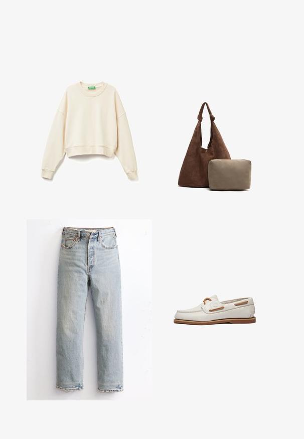 Kremowy skrócony sweatshirt wykonany z miękkiego materiału. Posiada szeroki dekolt, długie rękawy, ściągacze na końcach rękawów oraz subtelny, haftowany detal z logo.; Granatowa i biała koszula w kratę z długim rękawem, zapinana na guziki, z klasycznym kołnierzykiem i marszczonymi detalami na mankietach. Wykonana z lekkiego materiału.; Jasnoniebieskie dżinsy z prostymi nogawkami, z postrzępionym dołem, miedzianymi nitami i klasycznym stylem pięciu kieszeni.; Białe skórzane buty żeglarskie o gładkiej teksturze, z brązowymi akcentami, detalami sznurowania i gumową podeszwą. Minimalistyczny design z dyskretnym przeszyciem.; Brązowa zamszowa torebka na ramię z węzłowym paskiem, z małą beżową saszetką na zamek. Torba ma miękką fakturę i prosty design.