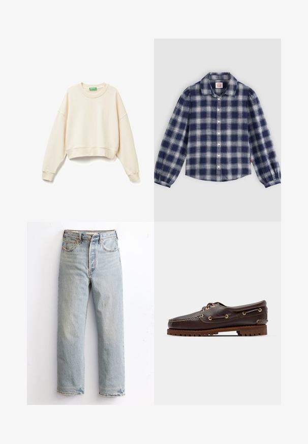 Sudadera corta color crema hecha de tela suave. Presenta un escote amplio, mangas largas, puños acanalados y un sutil detalle de logo bordado.; Camisa de cuadros en azul marino y blanco de manga larga con botonera frontal, cuello clásico y detalles de puños fruncidos. Fabricada en tejido ligero.; Jeans de denim azul claro con un diseño de pierna recta, que presentan un dobladillo desgastado, remaches de cobre y un estilo clásico de cinco bolsillos.; Zapato náutico de cuero marrón con ojales dorados, cordones redondos y suela de goma marrón texturizada. Presenta detalles de costura y un logotipo elevado.
