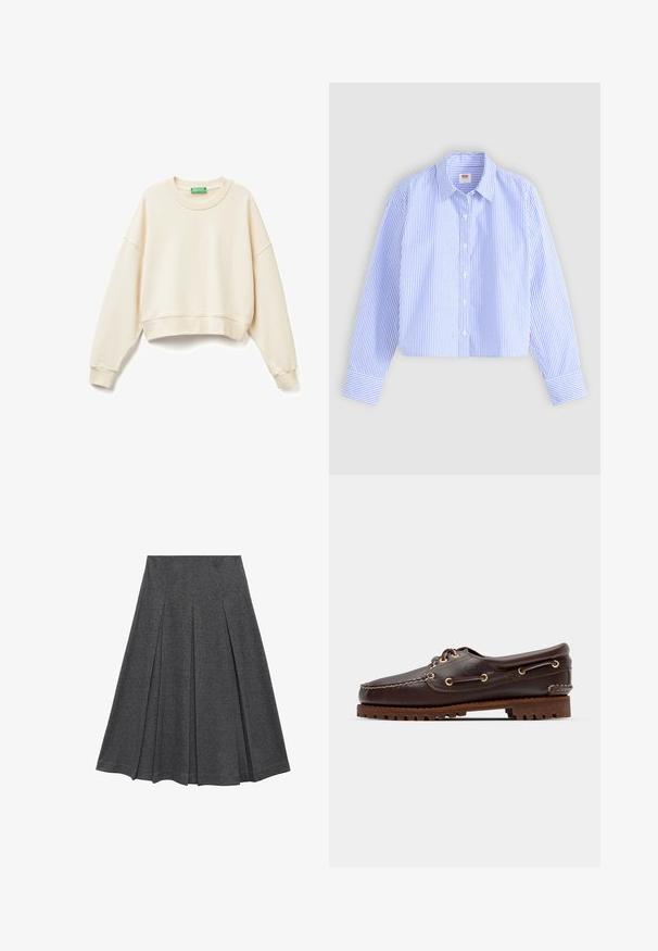 Ecrufarbenes, gekürztes Sweatshirt aus weichem Stoff. Hat einen weiten Ausschnitt, lange Ärmel, gerippte Bündchen und subtile gestickte Logodetails.; Gekürzte Shirt-Bluse mit blauen und weißen vertikalen Streifen und strukturiertem Finish, spitzem Kragen und einknöpfbaren Manschetten.; Grauer, plissierter Rock mit ausgestellt Form, aus weichem Stoff. Verfügt über vertikale Falten und einen glatten Bund für einen figurschmeichelnden Look.; Braune Lederbootsschuhe mit goldenen Ösen, runden Schnürsenkeln und einer strukturierten braunen Gummisohle. Verfügt über genähte Details und ein erhabenes Logo.