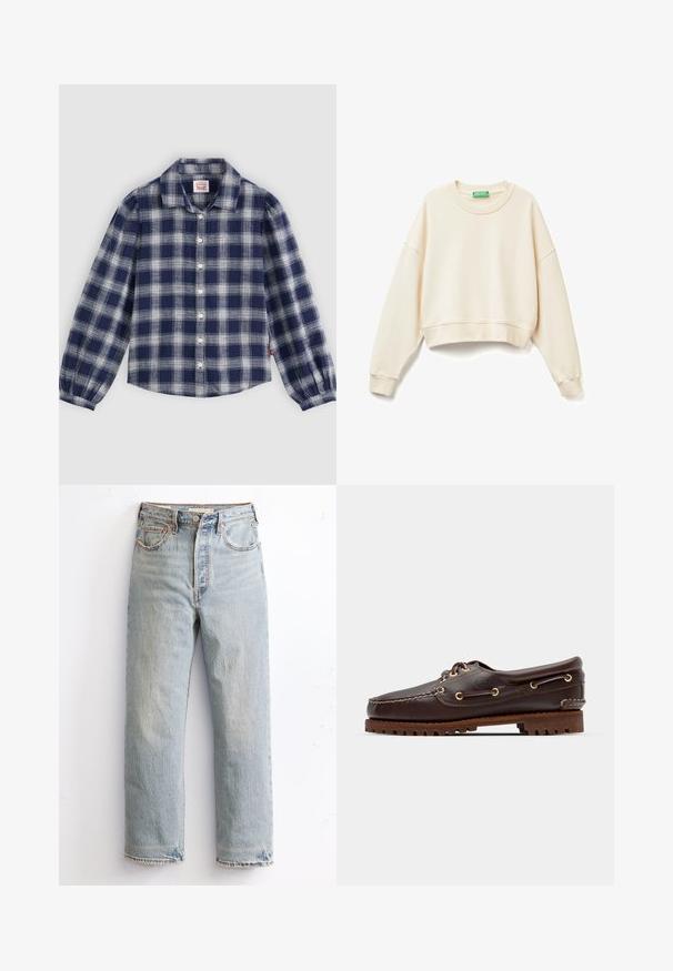 Krémový zkrácený svetr vyrobený z měkkého materiálu. Vybaven širokým výstřihem, dlouhými rukávy, hřebíčkovými manžetami a jemným vyšitým logem.; Námořnická a bílá kostkovaná košile s dlouhým rukávem, s předním zapínáním na knoflíky, klasickým límcem a detaily s nařasenými manžetami. Vyrobena z lehkého materiálu.; Světle modré džíny s rovnými nohavicemi, s nařezaným lemem, měděnými nýty a klasickým pětipocketovým stylem.; Hnědé kožené lodní boty se zlatými očky, kulatými tkaničkami a texturovanou hnědou gumovou podrážkou. Obsahují zašitý detail a vyvýšené logo.