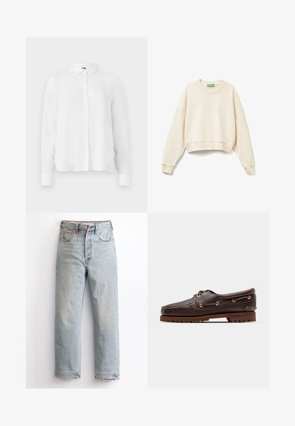 Sweatshirt court couleur crème en tissu doux. Équipé d'un col large, de manches longues, de poignets côtelés et de détails de logo brodé subtils.; Chemise blanche à manches longues avec un front boutonné, un col classique et un tissu lisse avec une coupe légèrement ample.; Jean en denim bleu clair avec une coupe à jambe droite, présentant un ourlet effiloché, des rivets en cuivre et un style classique à cinq poches.; Bateau en cuir marron avec des œillets dorés, des lacets ronds et une semelle en caoutchouc marron texturée. Présente des détails de couture et un logo en relief.