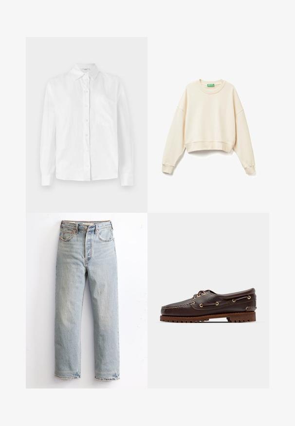 Ecrufarbenes, gekürztes Sweatshirt aus weichem Stoff. Hat einen weiten Ausschnitt, lange Ärmel, gerippte Bündchen und subtile gestickte Logodetails.; Weißes langärmliges Hemd mit Knopfverschluss aus leichtem Stoff, ausgestattet mit einem klassischen Kragen und einer aufgesetzten Tasche auf der linken Brust.; Helle blaue Jeans mit geradem Bein, ausgestattet mit einem ausgefransten Saum, kupfernen Nieten und einem klassischen Fünf-Taschen-Design.; Braune Lederbootsschuhe mit goldenen Ösen, runden Schnürsenkeln und einer strukturierten braunen Gummisohle. Verfügt über genähte Details und ein erhabenes Logo.