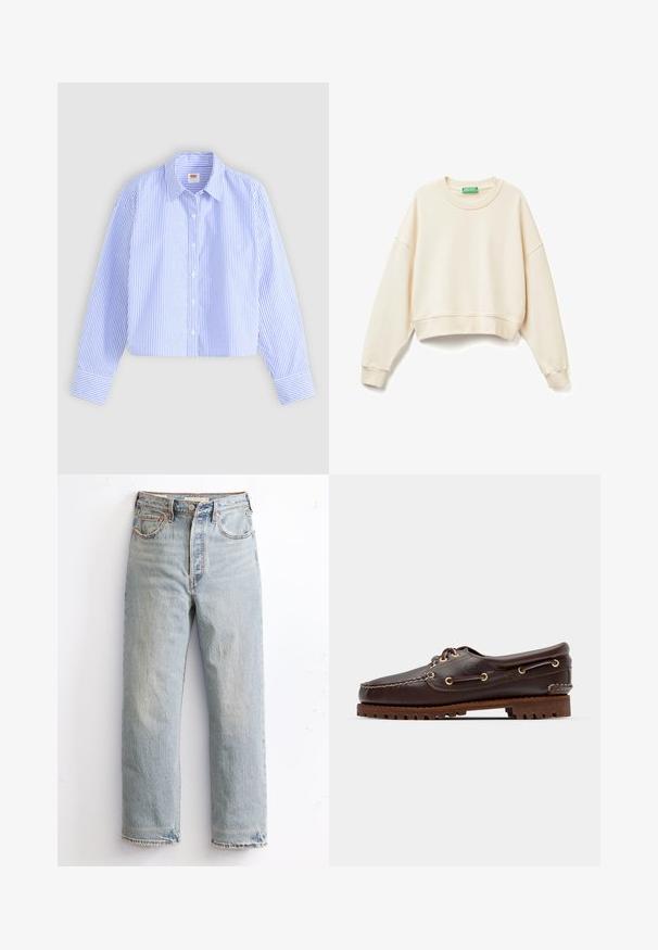 Felpa cropped di colore crema realizzata in tessuto morbido. Presenta un'ampia scollatura, maniche lunghe, polsini a costine e un sottile dettaglio del logo ricamato.; Camicetta cropped con bottoni caratterizzata da righe verticali blu e bianche con una finitura testurizzata, colletto a punta e polsini con un solo bottone.; Jeans in denim azzurro chiaro con design a gamba dritta, caratterizzati da orlo strappato, rivetti di rame e stile classico a cinque tasche.; Scarpa da barca in pelle marrone con occhielli dorati, lacci tondi e una suola in gomma marrone texturizzata. Presenta dettagli cuciti e un logo in rilievo.