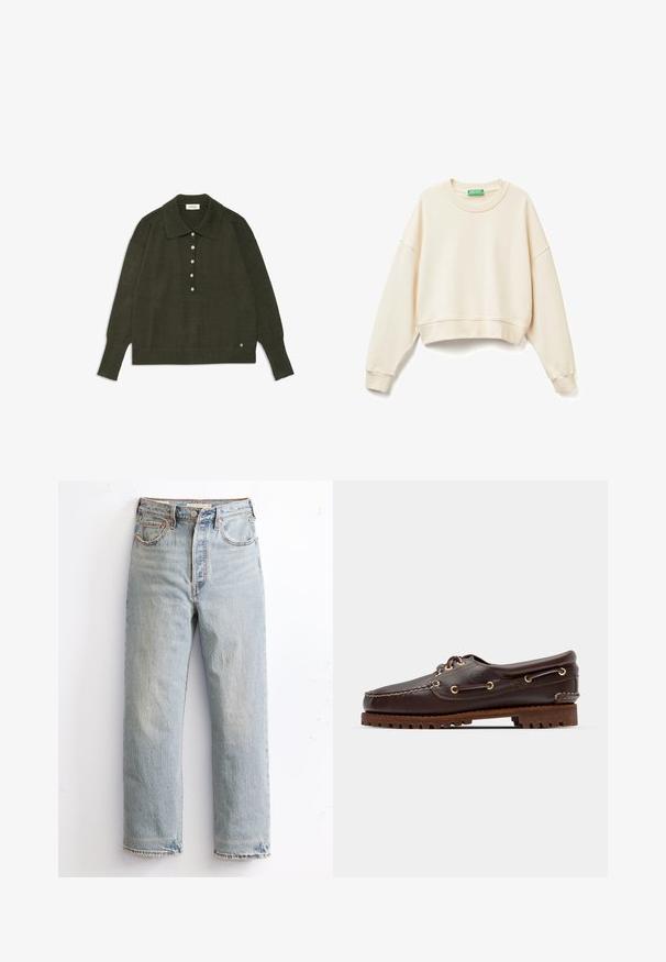 Ecrufarbenes, gekürztes Sweatshirt aus weichem Stoff. Hat einen weiten Ausschnitt, lange Ärmel, gerippte Bündchen und subtile gestickte Logodetails.; Dunkelolivgrüner Pullover mit großem Kragen, einer Knopfleiste mit fünf Knöpfen sowie geripptem Saum und Bündchen. Geschmeidige Textur mit dezentem Markendetail.; Helle blaue Jeans mit geradem Bein, ausgestattet mit einem ausgefransten Saum, kupfernen Nieten und einem klassischen Fünf-Taschen-Design.; Braune Lederbootsschuhe mit goldenen Ösen, runden Schnürsenkeln und einer strukturierten braunen Gummisohle. Verfügt über genähte Details und ein erhabenes Logo.