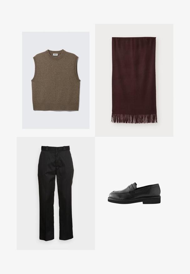Barna kötött ujjatlan pulóver, bordás kerek nyakkal, karöltőkkel és aljjal, fehér háttérre helyezve.; Fekete pamut póló kerek nyakkivágással, rövid ujjakkal és egyenes aljjal. Simaság jellemzi; egyszerű, díszítetlen dizájn.; Fekete nadrág sima anyagból, egyenes szárú kialakítással, övhurkokkal és két oldalsó zsebbel. Klasszikus megjelenés díszítések nélkül.; Next EDIT CHUNKY REGULAR FIT - Belebújós cipők - black; Bordó sál, puha anyagból készült, sima textúrával és hosszú rojtokkal az alján, amelyek extra részletet adnak hozzá. Téglalap alakú, laposan omlik.