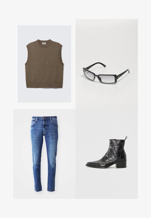 Ruda megzta bešlizdė liemenė be rankovių su rausvais apykakle, rankovėmis ir apvadu, išklota ant baltos fono.; Mėlyni džinsai su liesu siluetu, penkių kišenių dizainu ir nedideliu išblukimu. Yra prekinio ženklo sagtys ir užtrauktukas.; Juodi aulinukai, pagaminti iš tekstūrinės dirbtinės odos su krokodilo raštu, turintys kvadratinį pirštą ir storą kulną.; Juodų stačiakampių saulės akinių su gradientiniu lęšiu, turinčių storą rėmelį ir metalinius akcentus ant kojelių. Visoje apieje glotni tekstūra.