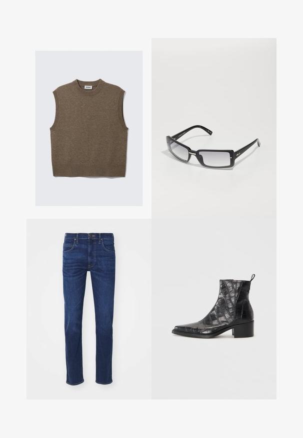 Brązowy dzianinowy bezrękawnik z ribbowanym okrągłym dekoltem, otworami na ramiona i dołem, rozłożony na białym tle.; Niebieskie dżinsy z prostymi nogawkami, pięcioma kieszeniami i zapięciem na guzik. Materiał ma gładką fakturę z lekkim wyblaknięciem.; Czarne botki za kostkę wykonane z teksturowanej sztucznej skóry o wzorze krokodylej skóry, z kwadratowym noskiem i blokowym obcasem.; Czarne prostokątne okulary przeciwsłoneczne z gradientowym szkłem, z grubą oprawką i metalowymi detalami na zausznikach. Gładka tekstura na całej powierzchni.