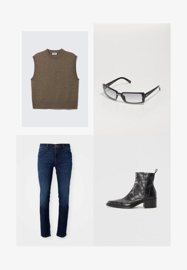 Bruine gebreide mouwloze sweater-vest met geribde ronde hals, armsgaten en zoom, plat gelegd op een witte achtergrond.; Donkerblauwe denim broeken met een klassieke rechte pasvorm, voorzien van een knoopsluiting en vijf zakken. De stof heeft een gladde textuur.; Zwarte enkellaarzen van textuur faux leer met een krokodillenpatroon, voorzien van een vierkante neus en een blokhak.; Zwarte rechthoekige zonnebril met een verlooplens, voorzien van een dik frame en metalen accenten op de steunen. Glad oppervlak overal.