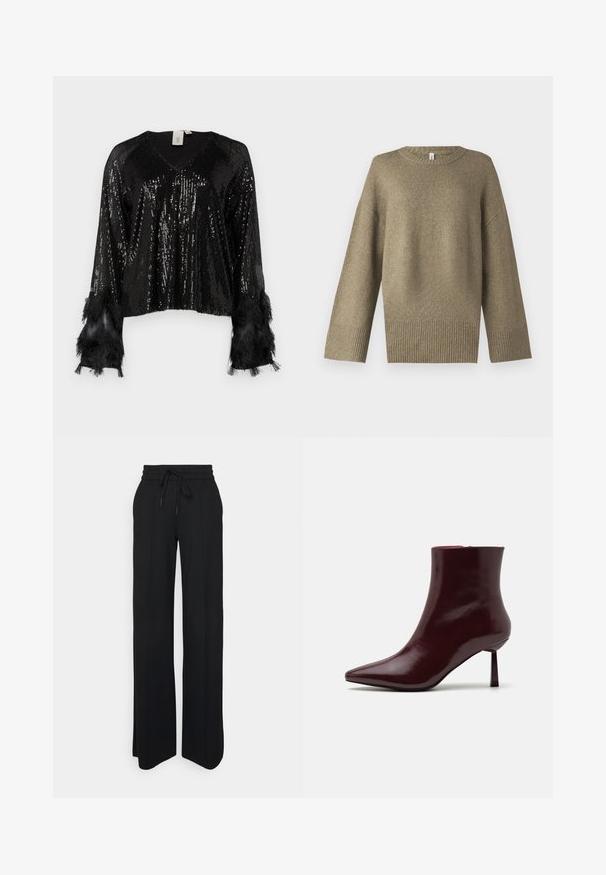 Olivovo zelený pletený sveter s okrúhlym výstrihom, spustenými ramenami a rebrovanými manžetami. Tkanina sa zdá byť jemná s jemnými textúrovými detailmi.; Čierny top s flitrami a výstrihom do V, dlhé rukávy doplnené čiernymi třásňami, textúrované flitre pokrývajú telo a má skrátený strih.; Čierne široké nohavice vyrobené z jemného materiálu. Majú elastický pás so šnúrkou, čisté línie a žiadne viditeľné vzory ani akcenty.; Burgundské lakované kozačky po členky s špicatou špičkou a štíhlým stiletto podpätkom, s hladkou, lesklou textúrou a minimalistickým dizajnom.