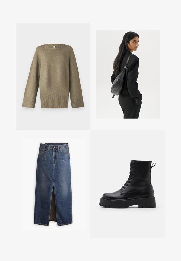 Olivovo zelený pletený sveter s okrúhlym výstrihom, spustenými ramenami a rebrovanými manžetami. Tkanina sa zdá byť jemná s jemnými textúrovými detailmi.; Levi's® ANKLE COLUMN SKIRT - Maxisukňa - wave hello; Čierne kožené členkové topánky s okrúhlou špičkou, šnurovaním vpredu a hrubou gumovou podrážkou s textúrovaným vzorom. Sťahovací pútko na zadnej strane.; Žena s dlhými tmavými vlasmi, oblečená v čiernom obleku, nesúca čiernu koženú kabelku na ramene, pozerajúca cez rameno na bielom pozadí.; Zlaté kruhové náušnice s hladkým, lesklým povrchom. Cirkulárny dizajn s malým steblom a jasným záznamom pre bezpečné nosenie.