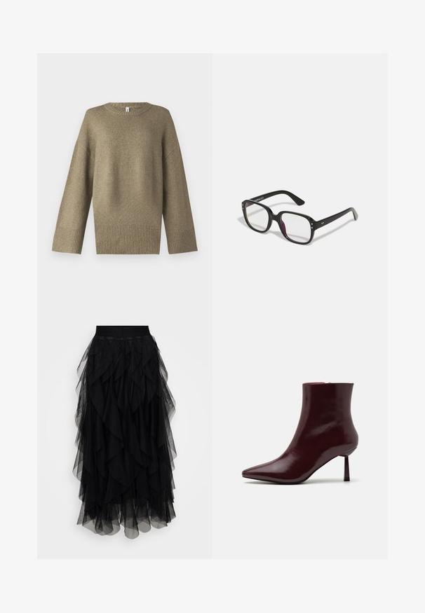 Olívazöld kötött pulóver kerek nyakkivágással, ejtett vállakkal és bordázott mandzsettákkal. Az anyag lágy tapintású, finom textúrával rendelkezik.; Fekete, réteges tüll szoknya rugalmas derékkal, amely vízesés-szerű kialakítással és áttetsző textúrával rendelkezik. Hossza a vádli közepéig ér.; Burgundi színű, lakkozott bőrből készült bokacsizma, hegyes orral és karcsú stiletto sarokkal, sima, fényes textúrával és minimalista dizájnnal.; Fekete, téglalap alakú szemüveg, tiszta lencsékkel, lekerekített élekkel és oldalsó díszítésekkel, fényes kerettel és szárakkal.