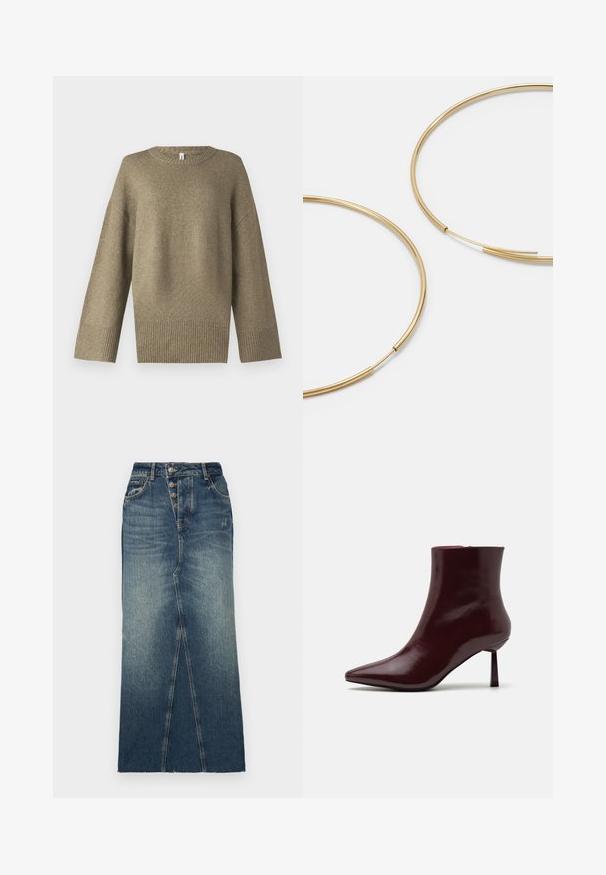 Olīvzaļa adīta džemperis ar apaļu apkakli, noliktām plecu daļām un ribota piedurknes galiem. Audums izskatās mīksts ar vieglu faktūras detaļu.; Tumši zilas krāsas denima midi svārki ar priekšējo šķēlumu, piecu pogu aizdari un klasiskajām džinsu šuvju detaļām.; Burgundijas lakota ādas potīšu zābaciņi ar smailu purngalu un šauru stiletto papēdi, kas izceļas ar gludu, spīdīgu tekstūru un minimālistisku dizainu.; Zelta krāsas auskari gredzena formā, plāni un apaļi, ar gludu metāla apdari un bez rotājumiem vai zīmējumiem.