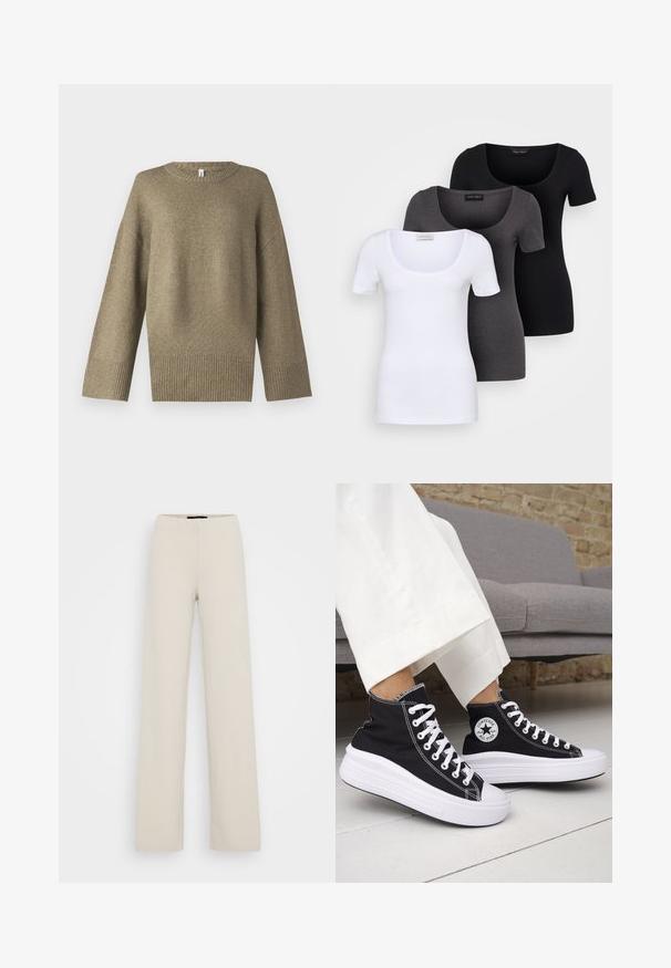 Olijfgroen gebreid trui met een ronde halslijn, verlaagde schouders en geribbelde manchetten. De stof lijkt zacht met subtiele textuurdetails.; Drie getailleerde T-shirts in het wit, grijs en zwart. Elk met een brede ronde hals en korte mouwen. Gemaakt van gladde, rekbare stof.; Vero Moda Tall VMBERLIN ZAMIRA WIDE - Broek - pumice stone; Zwarte hoge sneakers met witte rubberen zolen en veters. Voorzien van een ronde logo patch en contrasterende witte stiksels. Gemaakt van canvas.