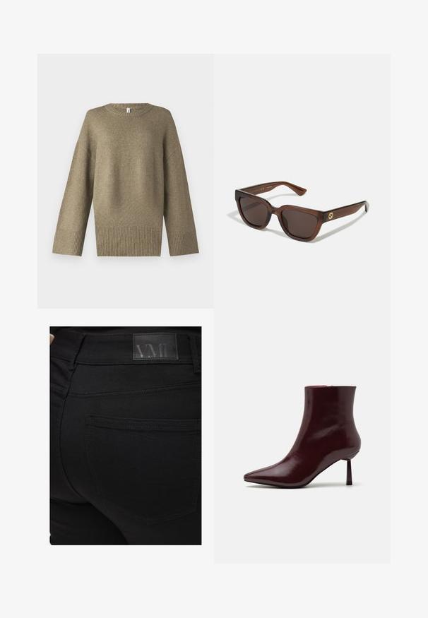 Olivno zeleni pleteni pulover z okroglim izrezom, spuštenimi rameni in rebrastimi manšetami. Tkanina se zdi mehka z diskretnimi teksturami.; Črne skinny kavbojke z gladko teksturo. Imajo VMD logotip pri pasu, detajl na zadnjem žepu in usklajen kroj.; Burgundska patentna kožna gležnjarja s koničastim nosom in ozko špicasto peto, s gladko, sijočo teksturo in minimalističnim dizajnom.; Rjavi pravokotni sončna očala z zaobljenimi robovi, ki imajo temna leča in sijajno površino. Zlati logotip na tempeljih.