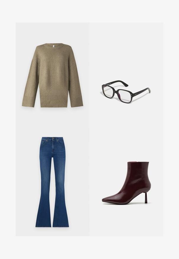 Olīvzaļa adīta džemperis ar apaļu apkakli, noliktām plecu daļām un ribota piedurknes galiem. Audums izskatās mīksts ar vieglu faktūras detaļu.; Tumši zila džinsu auduma zvana stila bikses, ar augstu vidukli, pieguļošām augšdaļām un platām zvana formas apakšdaļām, ar nelielu izbalējumu un klasiskām šuvēm.; Burgundijas lakota ādas potīšu zābaciņi ar smailu purngalu un šauru stiletto papēdi, kas izceļas ar gludu, spīdīgu tekstūru un minimālistisku dizainu.; Melnas taisnstūra formas brilles ar caurspīdīgām lēcām, ar noapaļotiem stūriem un sānu akcentiem, ar spīdīgu apdari rāmja un kāju daļā.