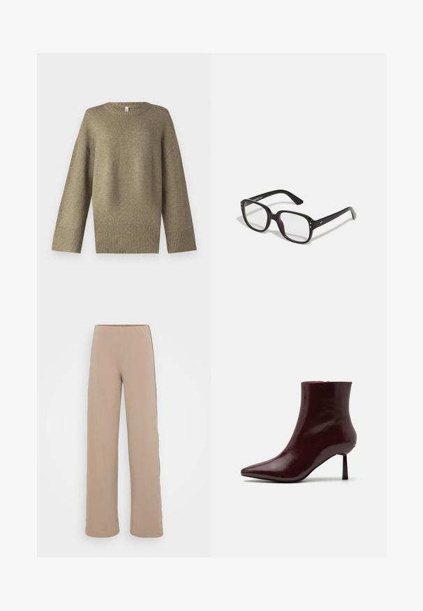 Olive green knit sweater with a rounded neckline, dropped shoulders, and ribbed cuffs. The fabric appears soft with subtle texture detail.; Beige wide-leg trousers with a smooth texture and black side stripes. Features a high waistband for a streamlined silhouette.; Burgundy patent leather ankle boot with a pointed toe and a slim stiletto heel, featuring a smooth, glossy texture and minimalistic design.; Black rectangular glasses with clear lenses, featuring rounded edges and side accents, with a glossy finish on the frame and arms.