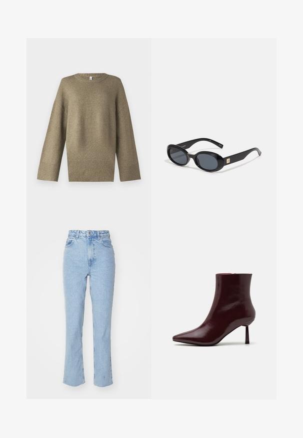Sweater verde oliva de malha com decote redondo, ombros caídos e punhos canelados. O tecido parece suave com um leve detalhe de textura.; Calças de ganga de cintura alta em azul claro. Design de perna reta com bolsos padrão e fecho frontal com botão. Textura ligeiramente desbotada.; Bota de tornozelo em pele patinada bordeaux com bico pontiagudo e um salto agulha slim, apresentando uma textura lisa e brilhante e um design minimalista.; Óculos de sol pretos em formato oval com lentes escuras, armação de plástico brilhante, hastes largas e um pequeno detalhe em dourado de um lado.