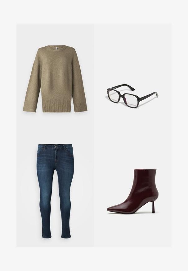 Olivno zeleni pleteni pulover z okroglim izrezom, spuštenimi rameni in rebrastimi manšetami. Tkanina se zdi mehka z diskretnimi teksturami.; Temno modri skinny kavbojki z sprednjim gumbom, zadrgo, petimi žepi ter rahlim bledenjem na stegnih in kolenih na beli podlagi.; Burgundska patentna kožna gležnjarja s koničastim nosom in ozko špicasto peto, s gladko, sijočo teksturo in minimalističnim dizajnom.; Črne pravokotne očala z prozornimi lečami, z zaobljenimi robovi in stranskimi dodatki, z gladkim finišem na okvirju in ročajih.