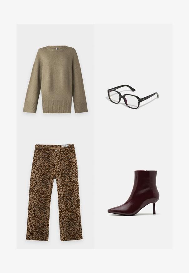 Olivinės žalios spalvos megztinis su apvaliu iškirpimu, nukritusiais pečiais ir raštuotais rankogaliais. Audinys atrodo minkštas su subtilia tekstūra.; Lepardų rašto kelnės su rudų ir juodų spalvų raštu, tiesiomis kojomis ir klasikinėmis penkių kišenių detalėmis. Pagamintos iš medvilnės ir sintetinių pluoštų mišinio.; Burgundiško spalvos patentuotas odos kulkšninis batus su smailiu kojų pirštu ir plonu stiletu kulnu, pasižymintys sklandžia, blizgia tekstūra ir minimalistiniu dizainu.; Juodos stačiakampės akinių rėmo su skaidriais lęšiais, su apvaliais kraštais ir šoninėmis detalėmis, blizgiu finišu ant rėmo ir kojelių.